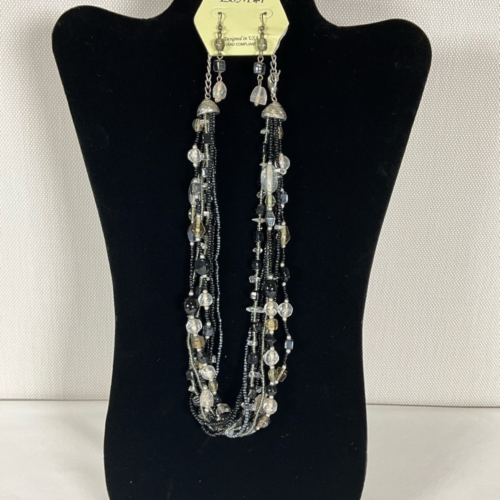 Esmor Necklace with Earrings  Black and Silver-Tone Beaded Necklace 8 strands